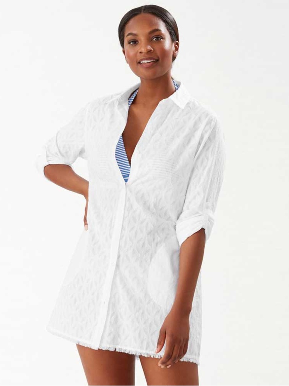 TOMMY BAHAMA Clip Jacquard Boyfriend Shirt Dress Cover Up L 22” p2p White $99 - Picture 4 of 9